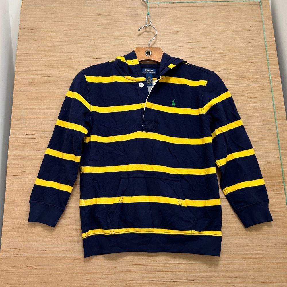 Polo Ralph Lauren Boys Navy Yellow Striped Rugby Hoodie Size 7 Pony‎ Logo